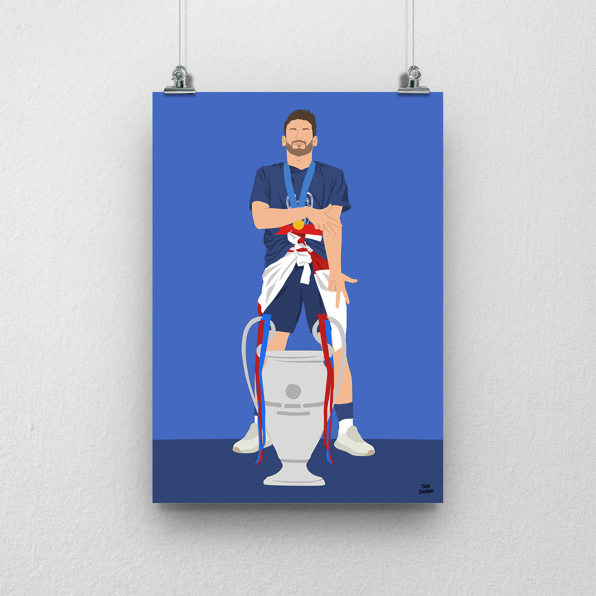 Khvicha Kvaratskhelia in a blue PSG kit, standing behind the Champions League trophy, against a blue background.