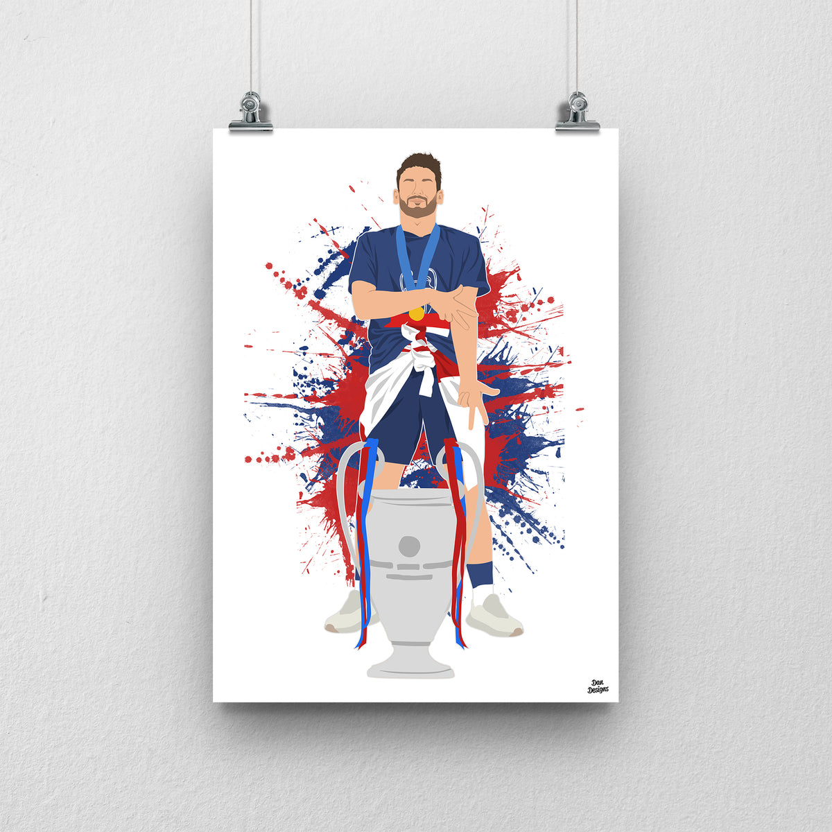 Khvicha Kvaratskhelia in a blue PSG kit, standing behind the Champions League trophy, against a red-and-blue paint-splatter background.