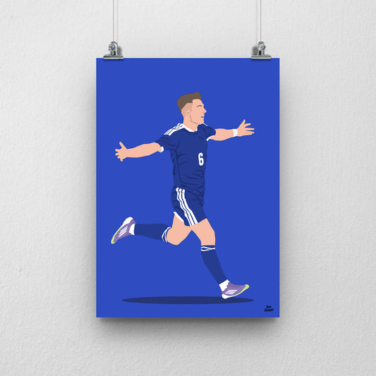 Kieran Tierney running with both arms outstretched in Scotland’s navy number 6 kit, illustrated with a blue background.