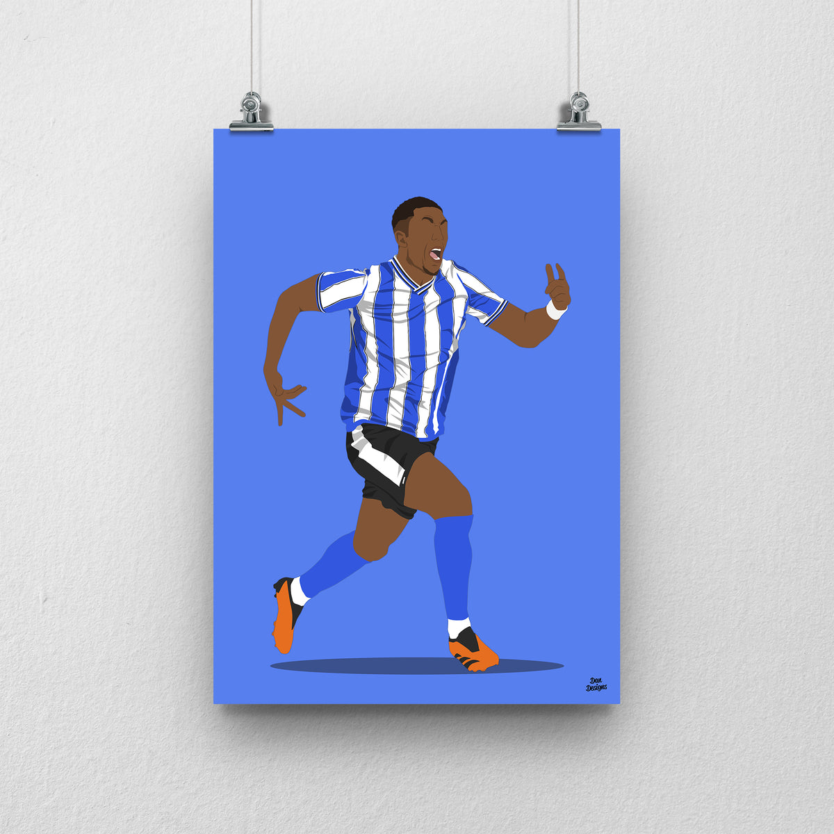 Liam Palmer art print, running in Sheffield Wednesday's blue-and-white striped kit with one hand raised, against a blue background.
