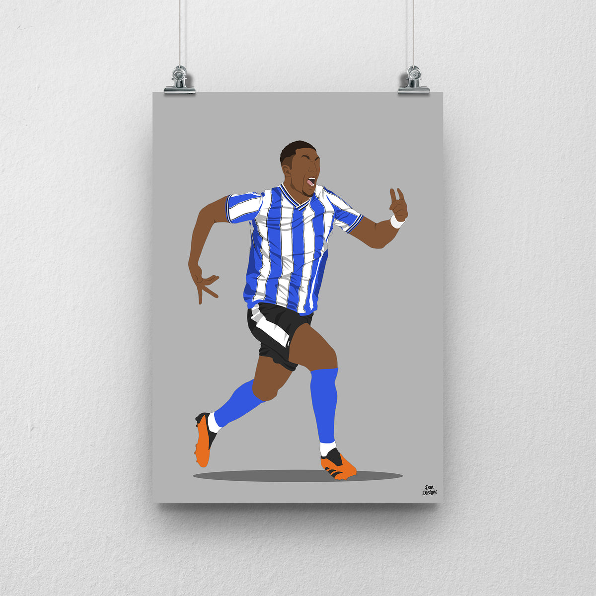 Liam Palmer art print, running in Sheffield Wednesday's blue-and-white striped kit with one hand raised, against a grey background.