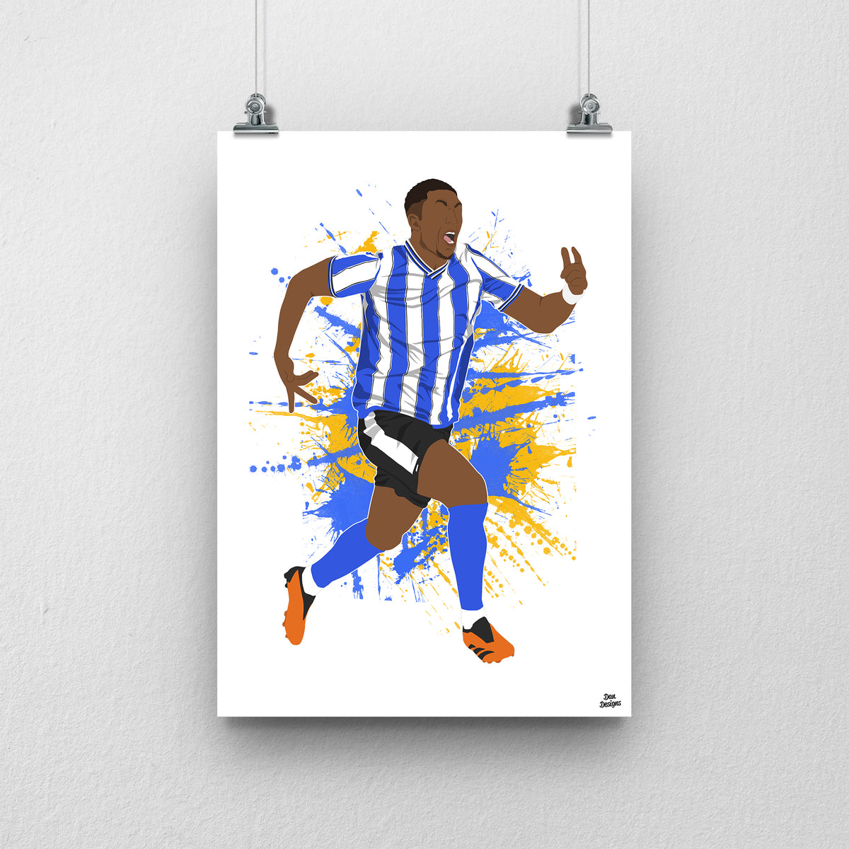 Liam Palmer art print, running in Sheffield Wednesday's blue-and-white striped kit with one hand raised, against a blue-and-yellow paint-splatter background.