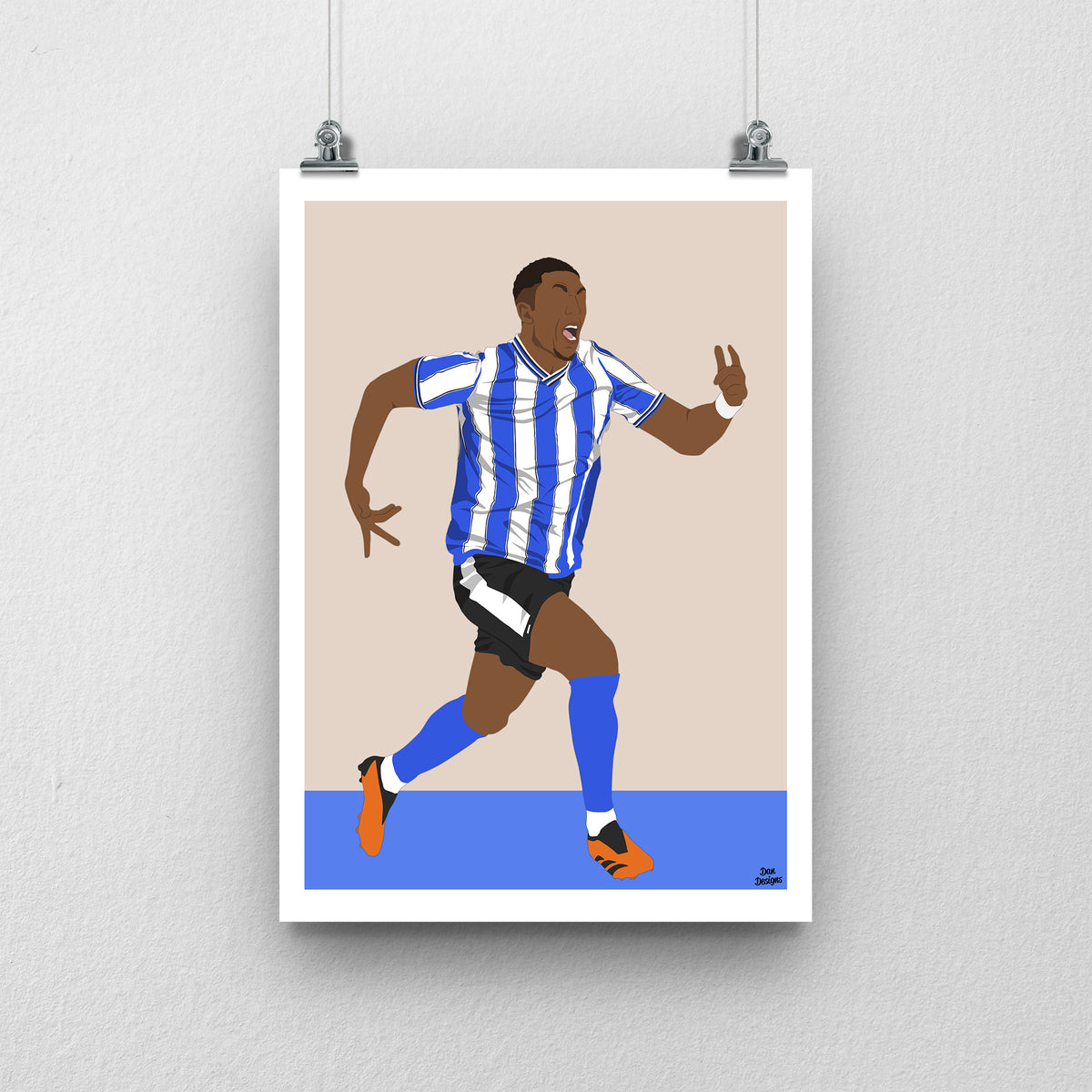 Liam Palmer art print, running in Sheffield Wednesday's blue-and-white striped kit with one hand raised, against a beige background with a white border and blue base.