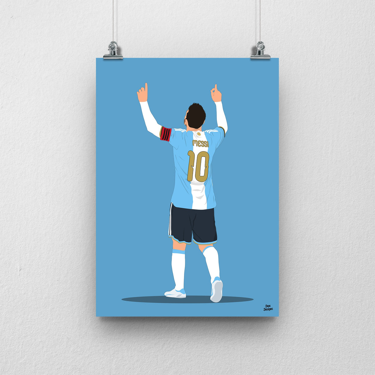 Lionel Messi Argentina farewell print, with both hands pointing skywards and a blue background.