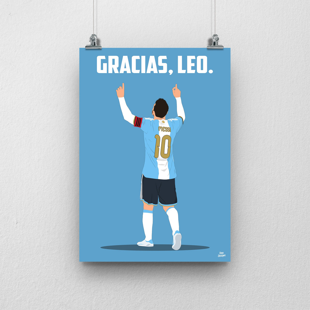 Lionel Messi Argentina farewell print, with both hands pointing skywards and a blue background with ‘GRACIAS, LEO.’ lettering.