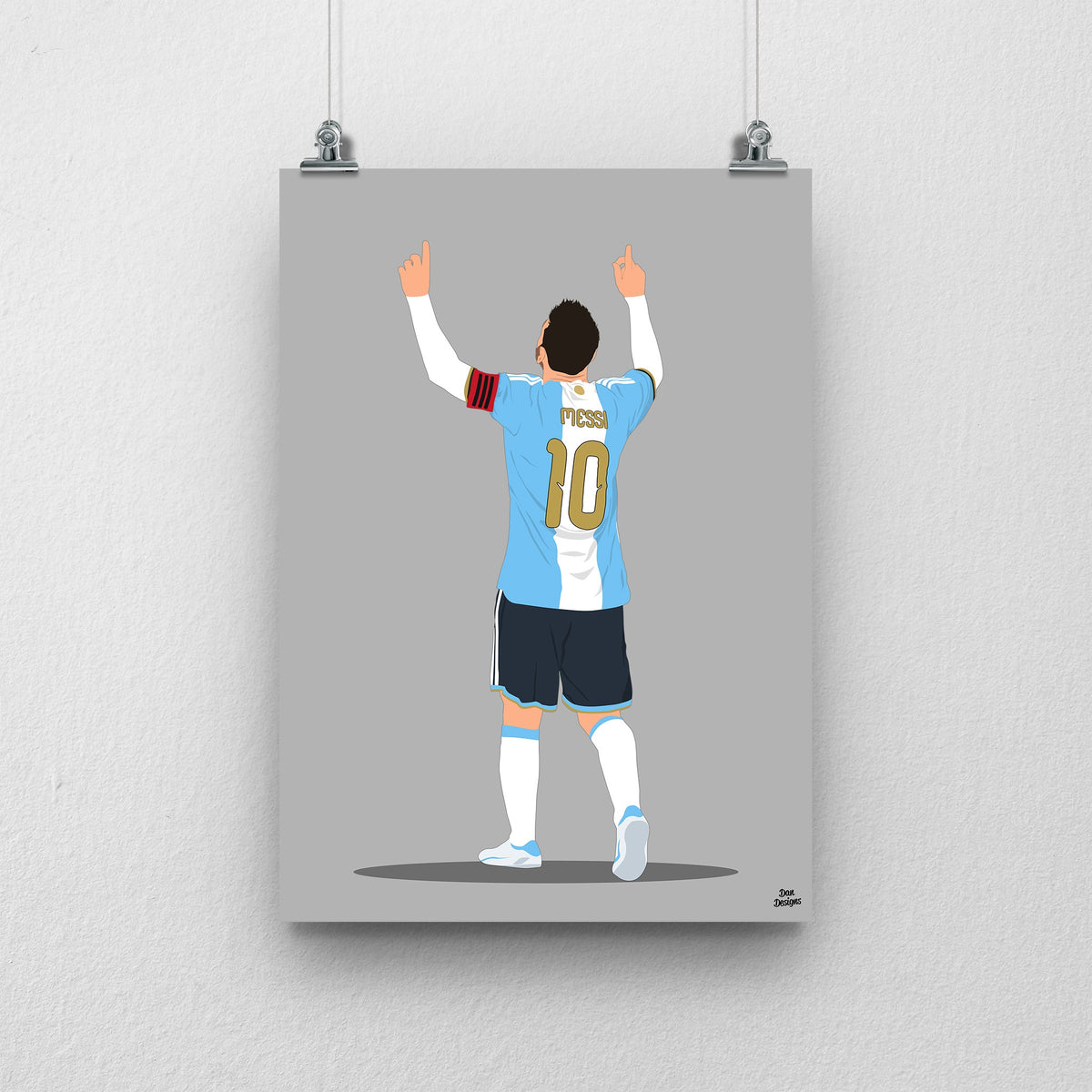 Lionel Messi Argentina farewell print, with both hands pointing skywards and a grey background.
