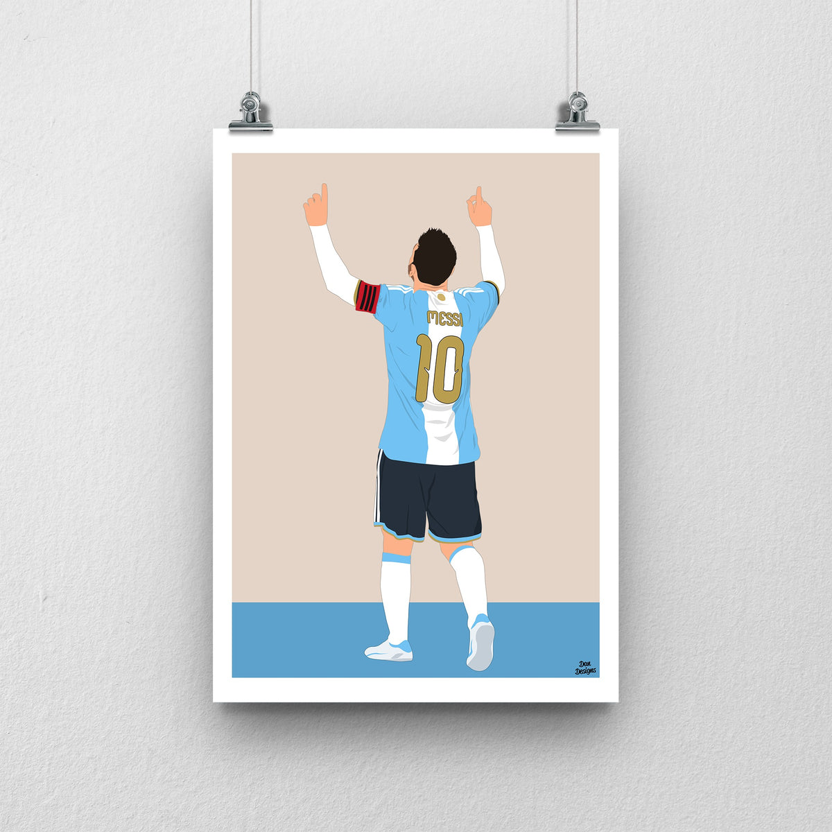 Lionel Messi Argentina farewell print, with both hands pointing skywards and a beige and blue background with a white border.