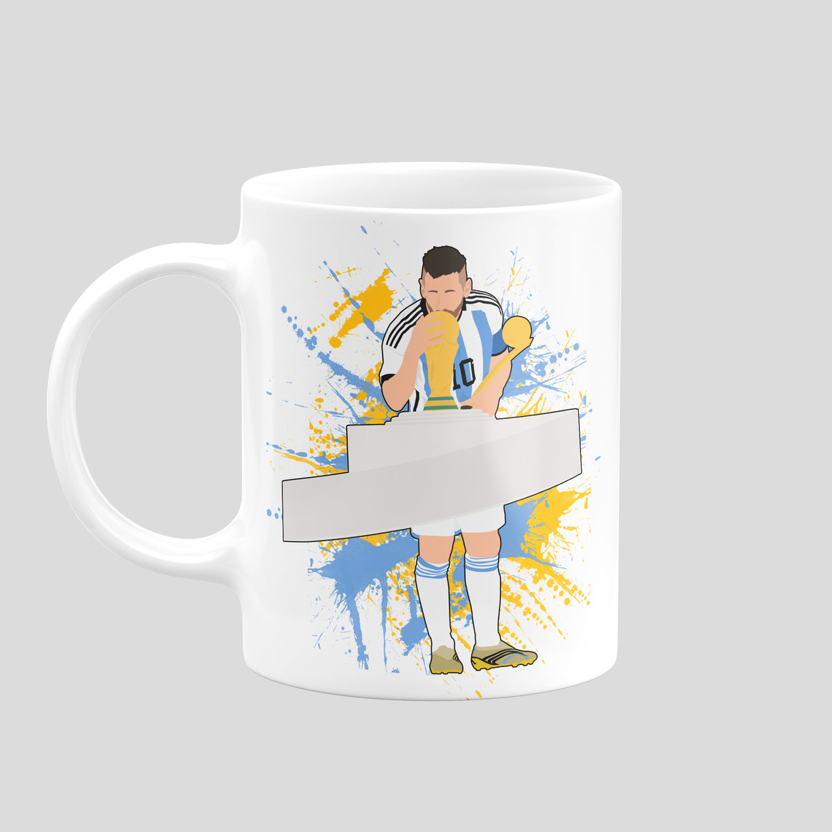 Lionel Messi special edition Argentina mug showing him kissing the World Cup trophy against blue and gold paint splashes.