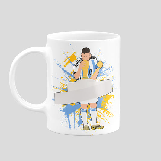 Lionel Messi special edition Argentina mug showing him kissing the World Cup trophy against blue and gold paint splashes.