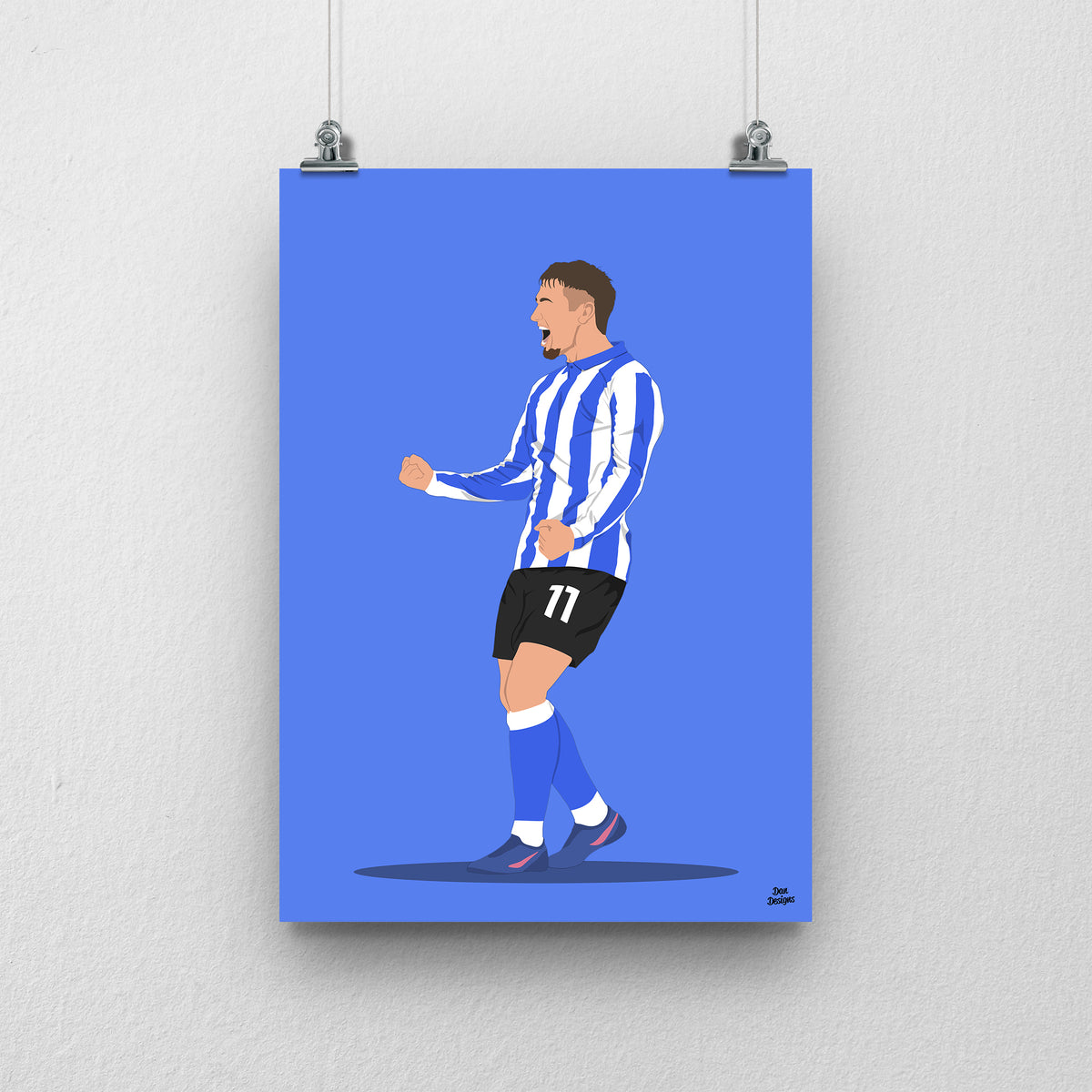 Louie Barry art print, celebrating with clenched fists in Sheffield Wednesday's blue-and-white striped shirt and number 11 shorts, against a blue background.