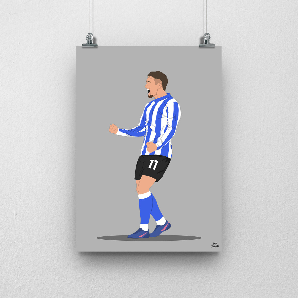 Louie Barry art print, celebrating with clenched fists in Sheffield Wednesday's blue-and-white striped shirt and number 11 shorts, against a grey background.
