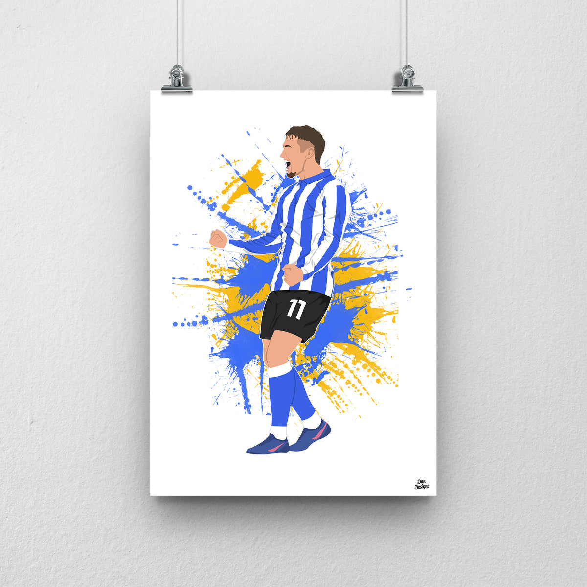 Louie Barry art print, celebrating with clenched fists in Sheffield Wednesday's blue-and-white striped shirt and number 11 shorts, against a blue-and-yellow paint-splatter background.
