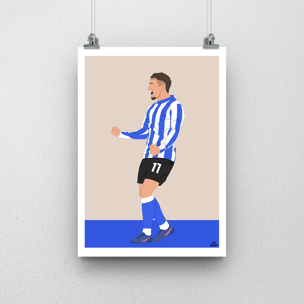 Louie Barry art print, celebrating with clenched fists in Sheffield Wednesday's blue-and-white striped shirt and number 11 shorts, against a beige background with a white border and blue base.