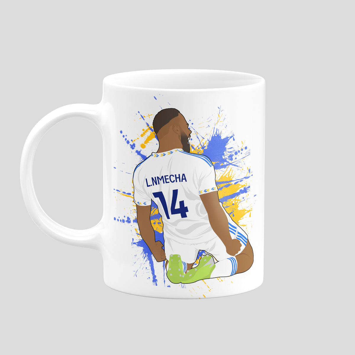 Lukas Nmecha Leeds United mug with original football illustration