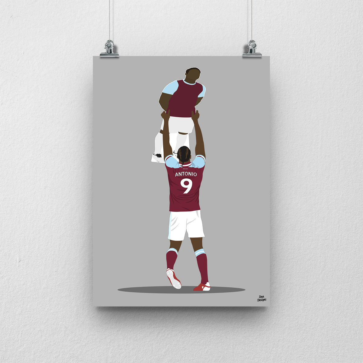 Michail Antonio West Ham United art print, holding a cardboard cut-out of himself above his head in the claret-and-blue kit, with a grey background.
