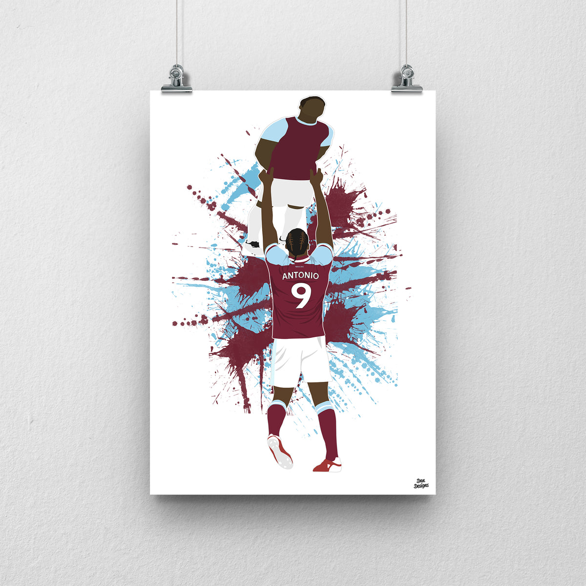 Michail Antonio West Ham United art print, holding a cardboard cut-out of himself above his head in the claret-and-blue kit, with a paint-splatter background.