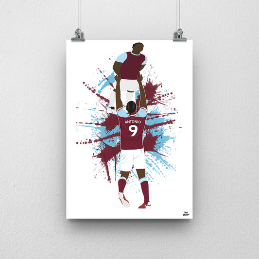 Michail Antonio West Ham United art print, holding a cardboard cut-out of himself above his head in the claret-and-blue kit, with a paint-splatter background.