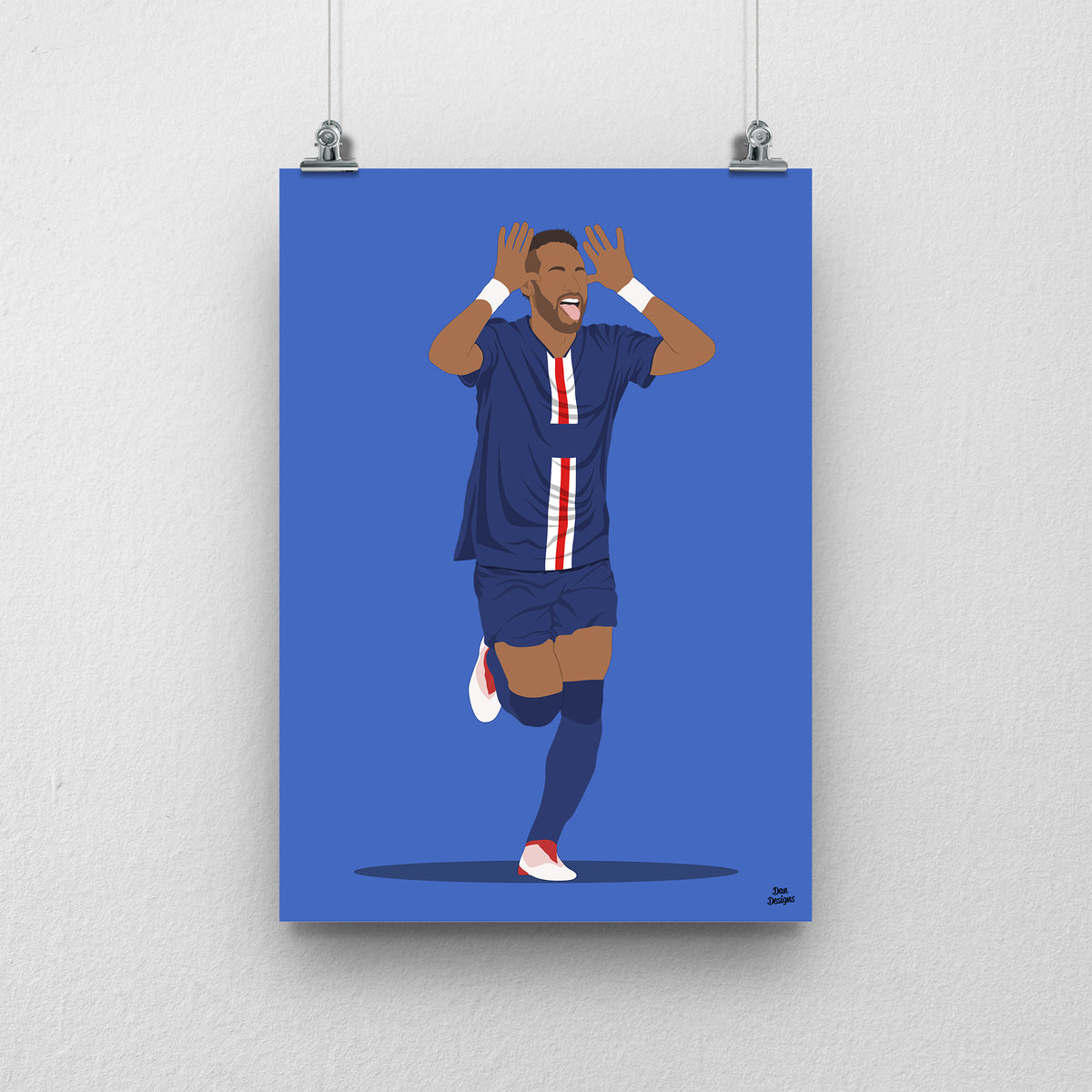 Neymar running in a navy PSG kit with both hands raised beside his head, against a blue background.
