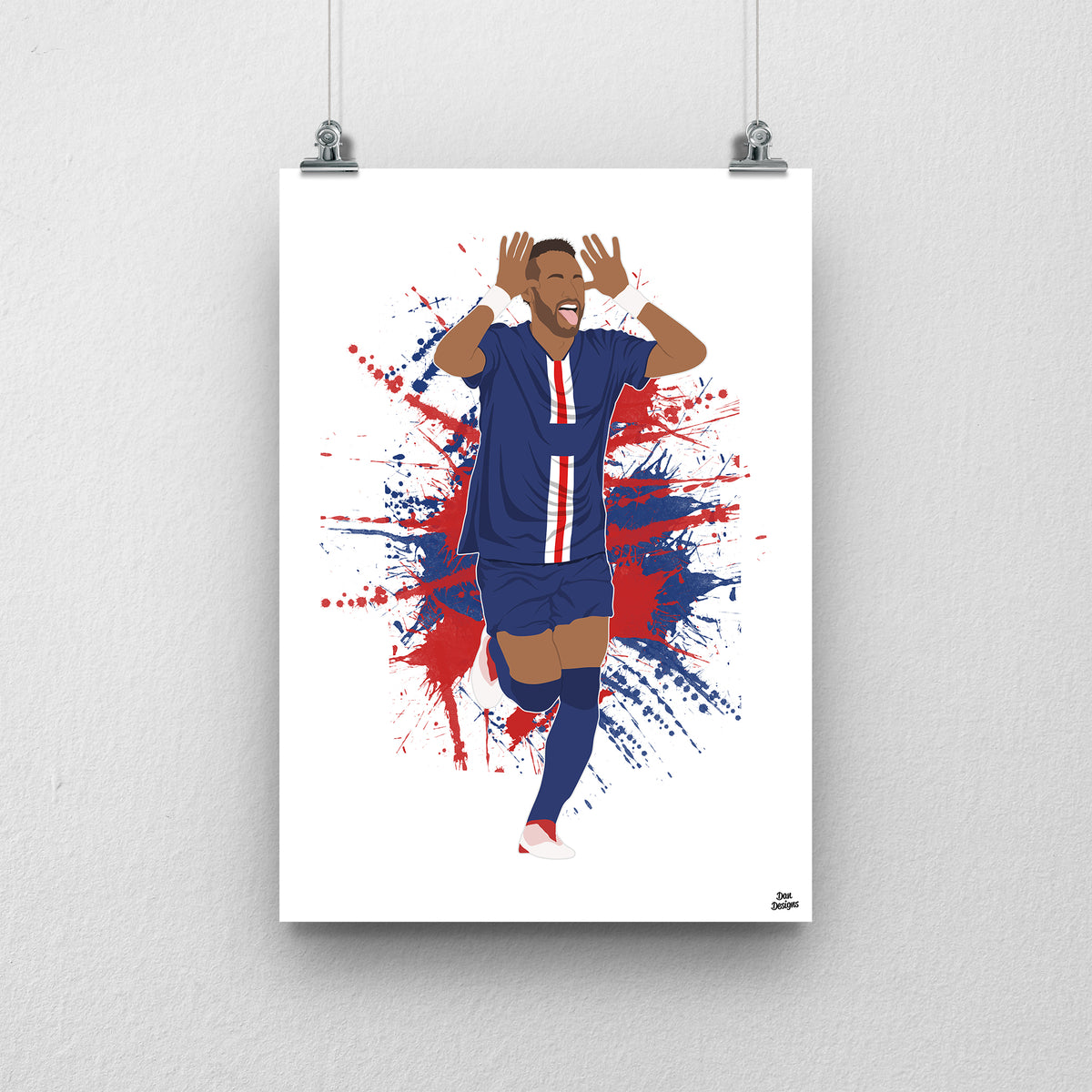 Neymar running in a navy PSG kit with both hands raised beside his head, against a red-and-blue paint-splatter background.