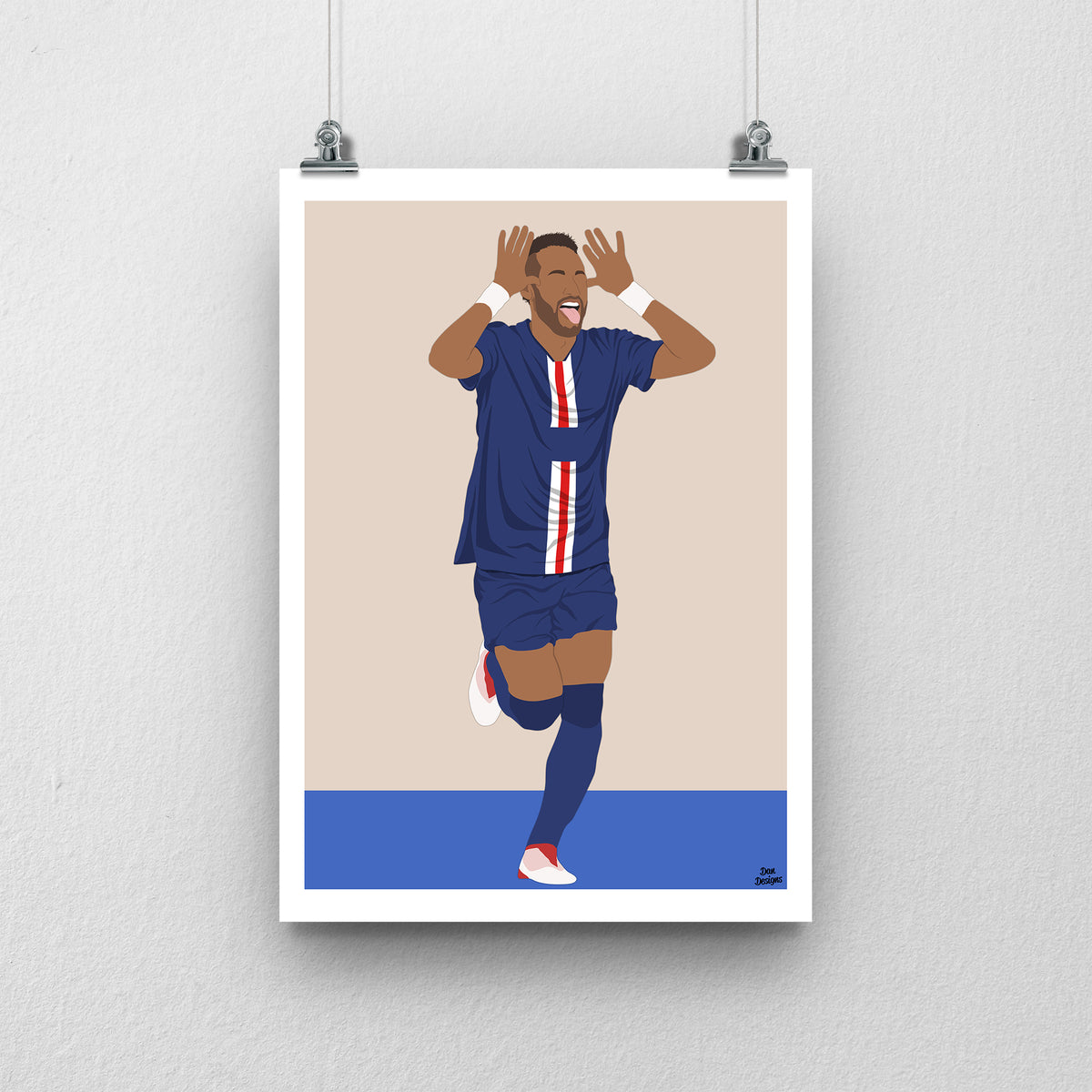 Neymar running in a navy PSG kit with both hands raised beside his head, against a beige background with a white border and blue base.