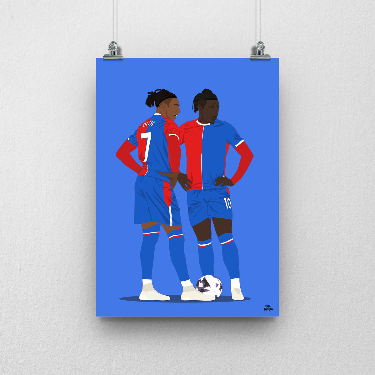 Michael Olise and Eberechi Eze Crystal Palace art print, standing together over a football in their red-and-blue kits, with a blue background.