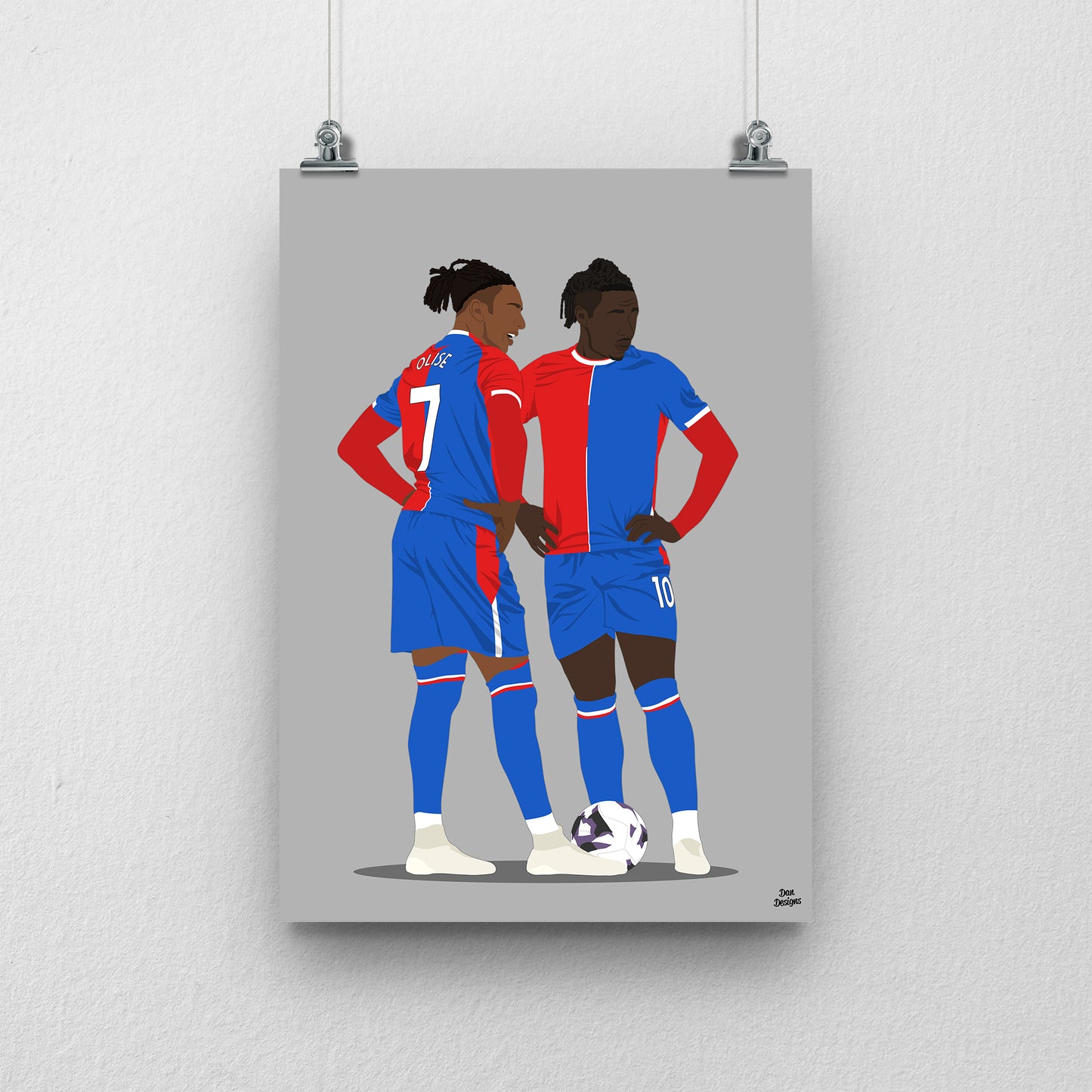 Michael Olise and Eberechi Eze Crystal Palace art print, standing together over a football in their red-and-blue kits, with a grey background.