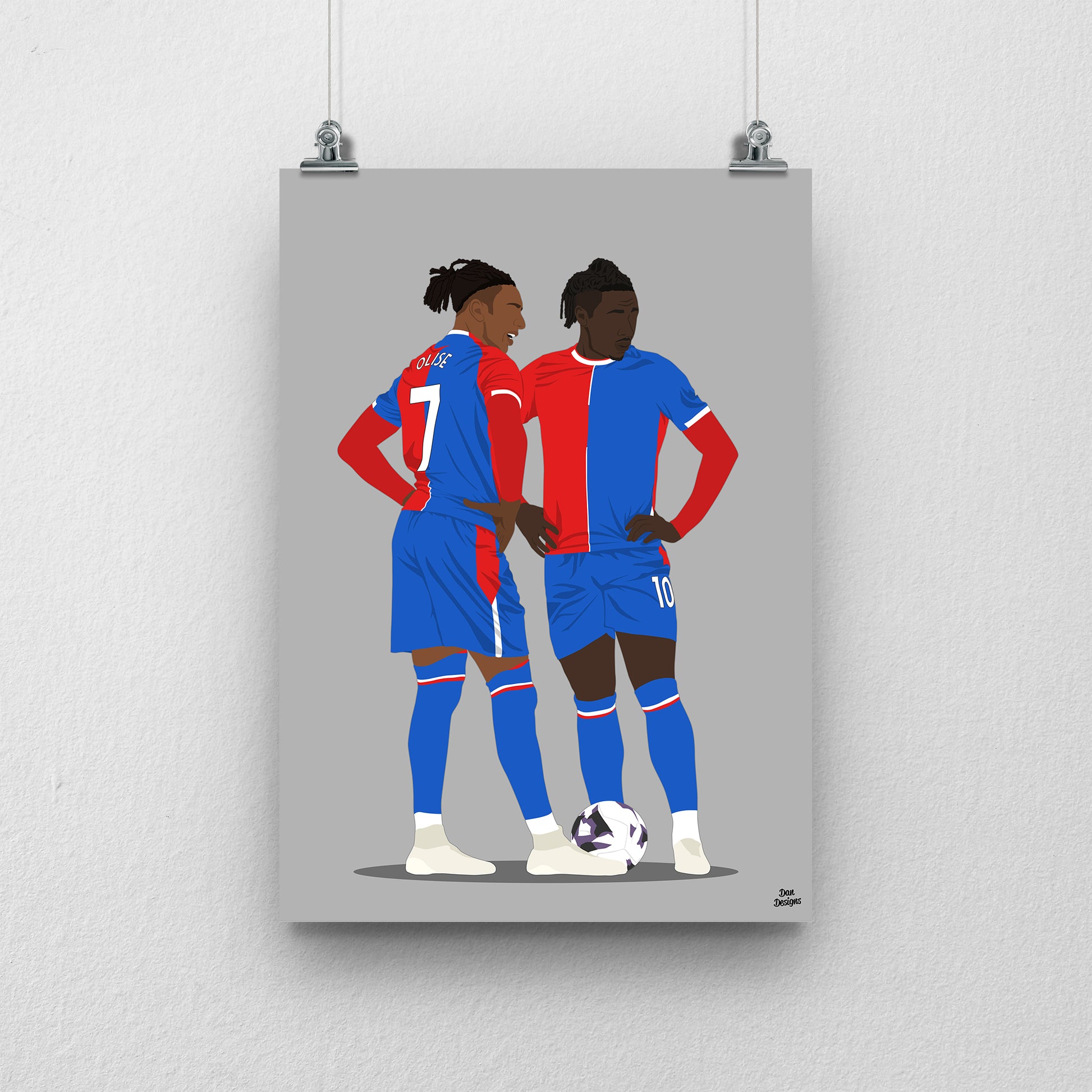 Michael Olise and Eberechi Eze Crystal Palace art print, standing together over a football in their red-and-blue kits, with a grey background.