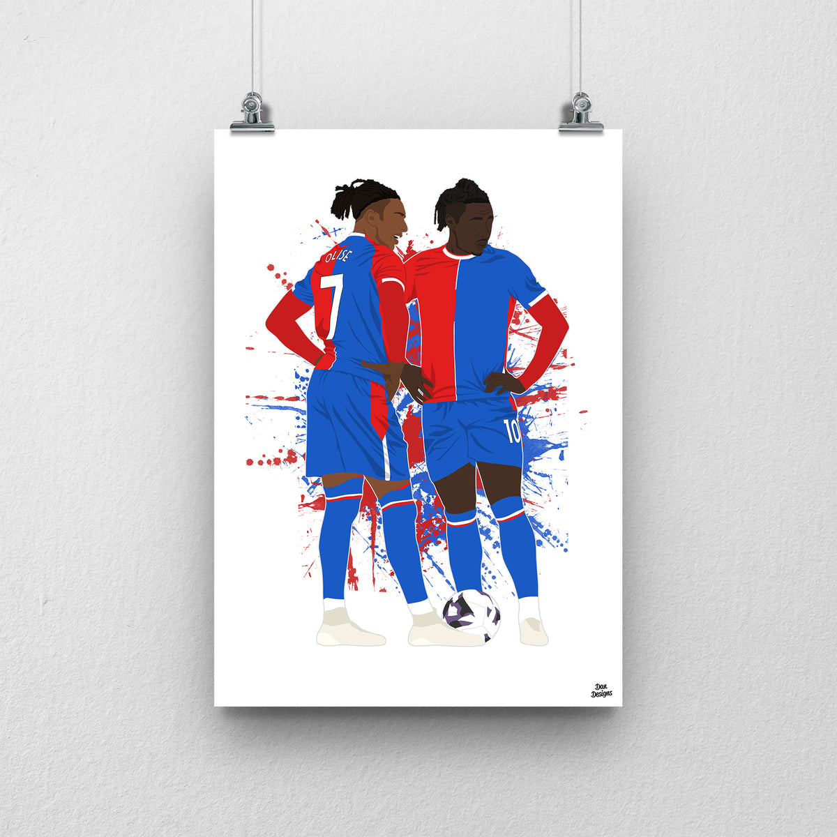 Michael Olise and Eberechi Eze Crystal Palace art print, standing together over a football in their red-and-blue kits, with a paint-splatter background.