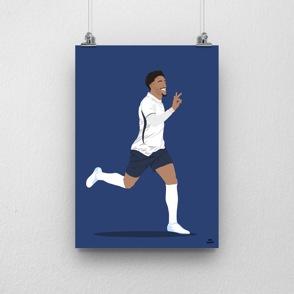 Omar Marmoush Tottenham art print, running with one hand raised in a white shirt and navy shorts, depicted for Tottenham, with a navy blue background.