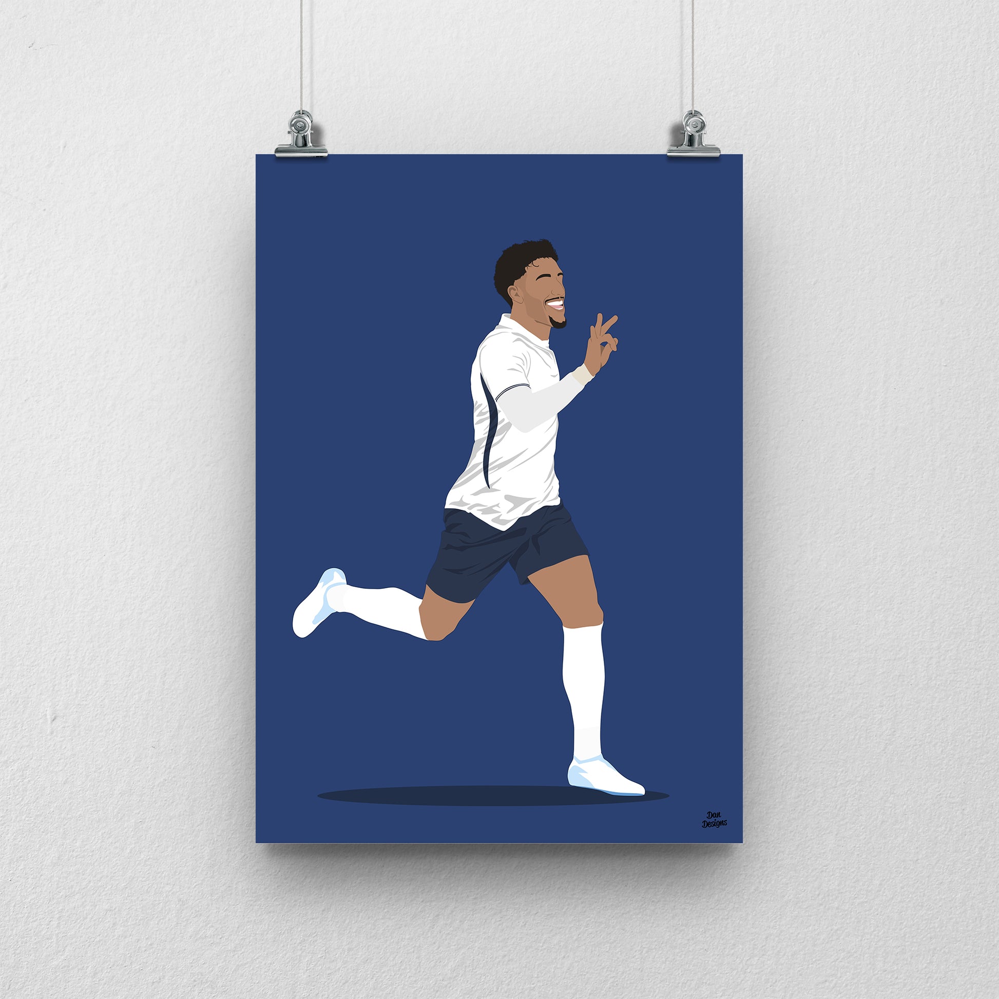 Omar Marmoush Tottenham art print, running with one hand raised in a white shirt and navy shorts, depicted for Tottenham, with a navy blue background.