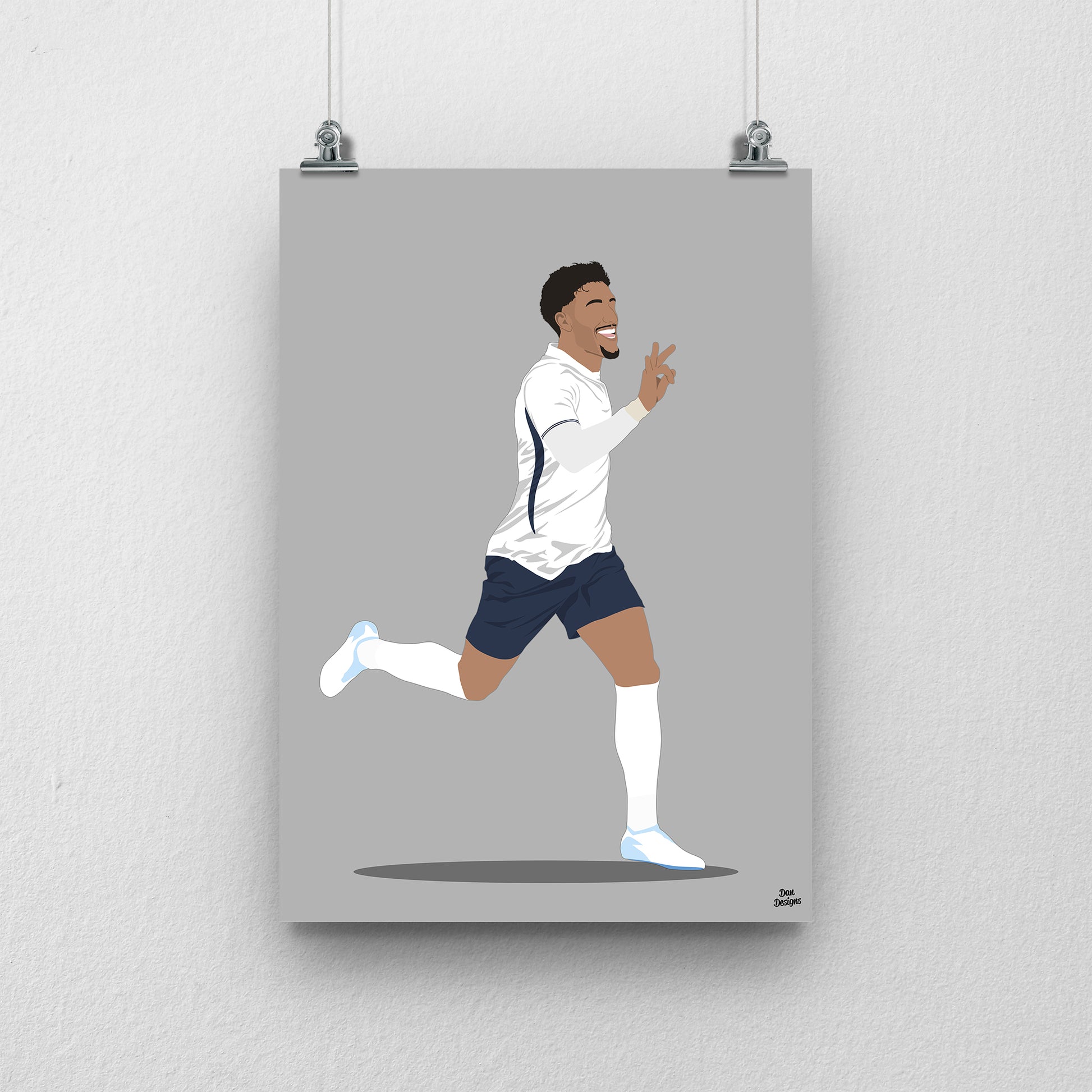 Omar Marmoush Tottenham art print, running with one hand raised in a white shirt and navy shorts, depicted for Tottenham, with a grey background.