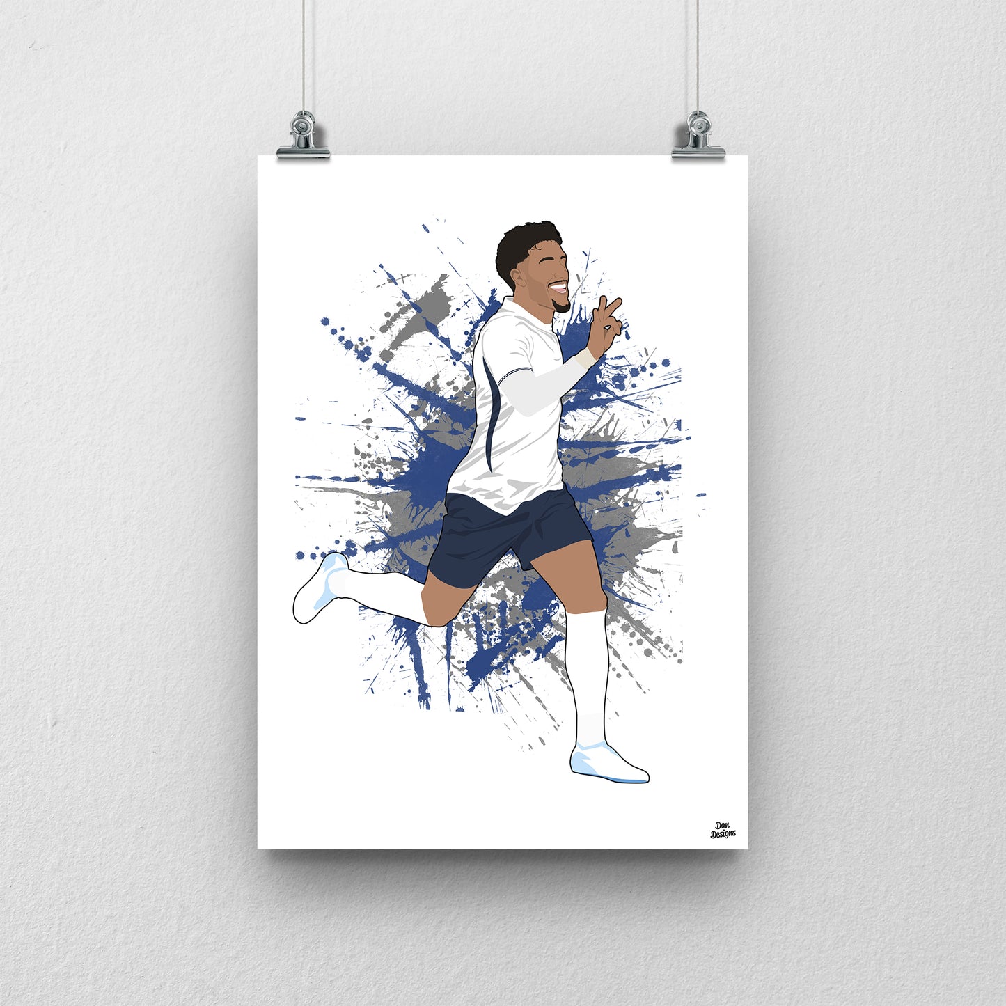 Omar Marmoush Tottenham art print, running with one hand raised in a white shirt and navy shorts, depicted for Tottenham, with a paint-splatter background.