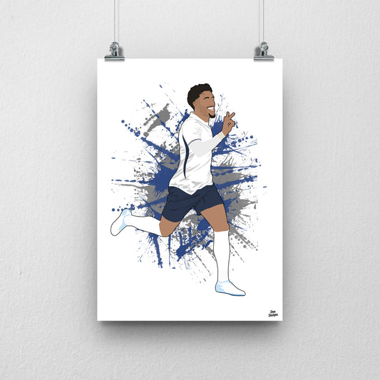 Omar Marmoush Tottenham art print, running with one hand raised in a white shirt and navy shorts, depicted for Tottenham, with a paint-splatter background.