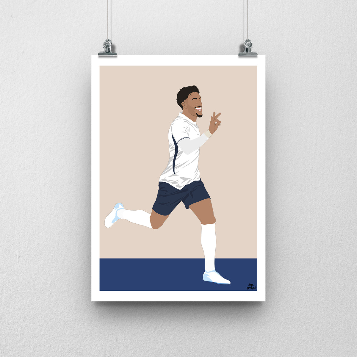 Omar Marmoush Tottenham art print, running with one hand raised in a white shirt and navy shorts, depicted for Tottenham, with a beige background, white border and club-colour base.