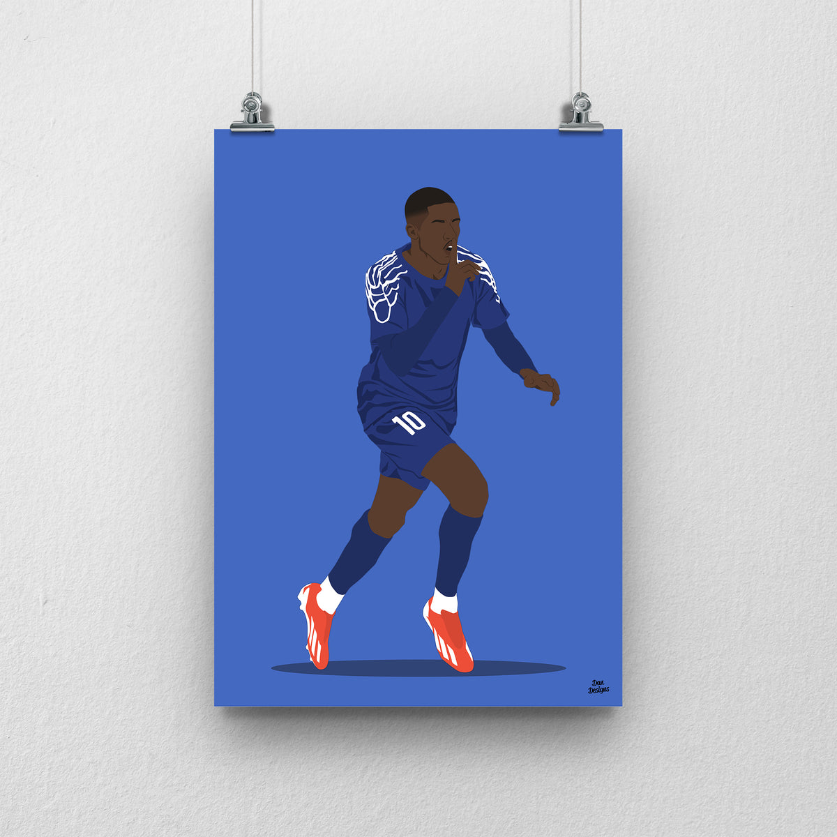 Ousmane Dembélé running in a dark blue PSG kit with pale shoulder patterns, one hand raised near his face, against a blue background.