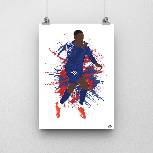 Ousmane Dembélé running in a dark blue PSG kit with pale shoulder patterns, one hand raised near his face, against a red-and-blue paint-splatter background.