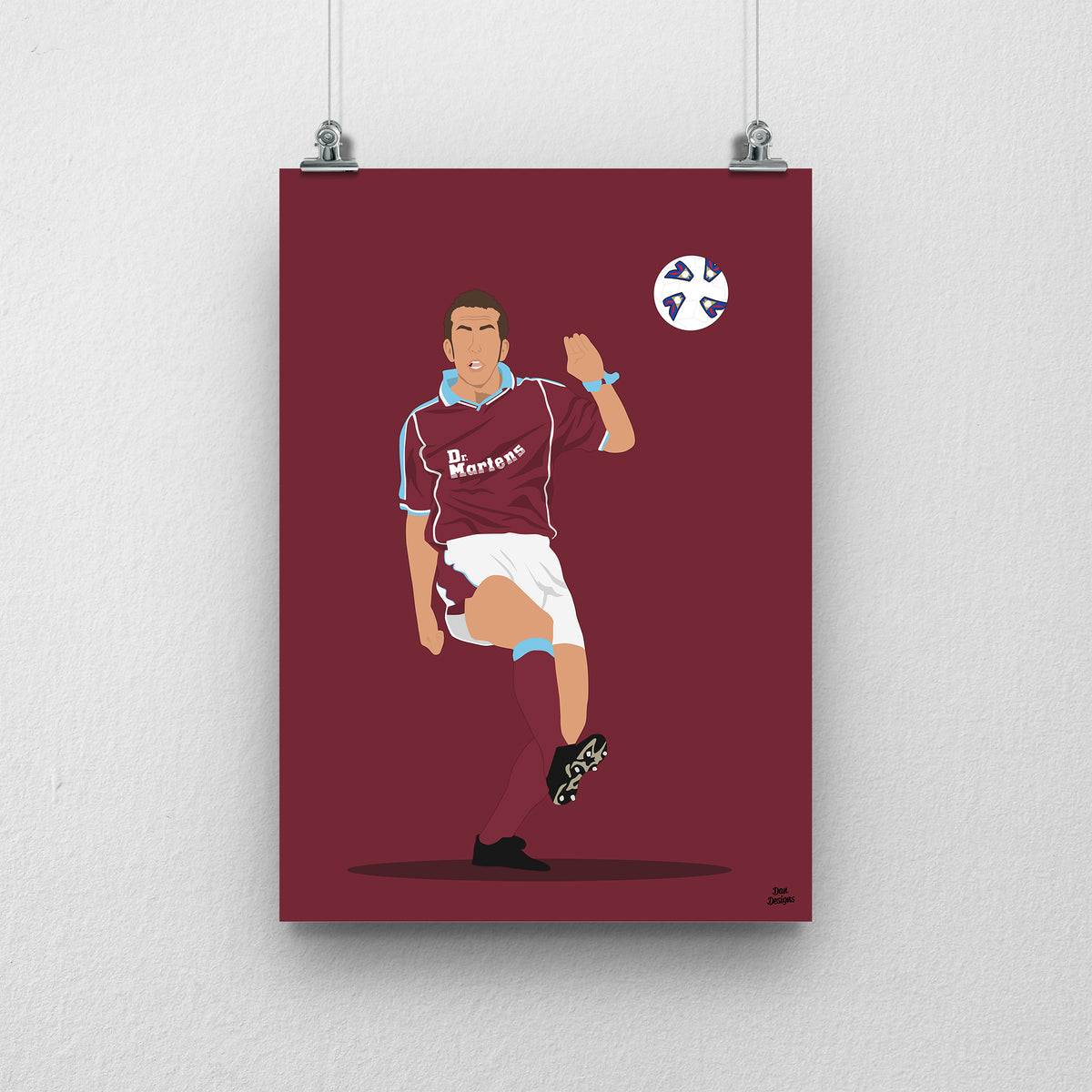 Paolo Di Canio West Ham United art print, preparing to strike his famous volley, with the ball beside him and one leg raised in the claret-and-blue kit, with a claret background.
