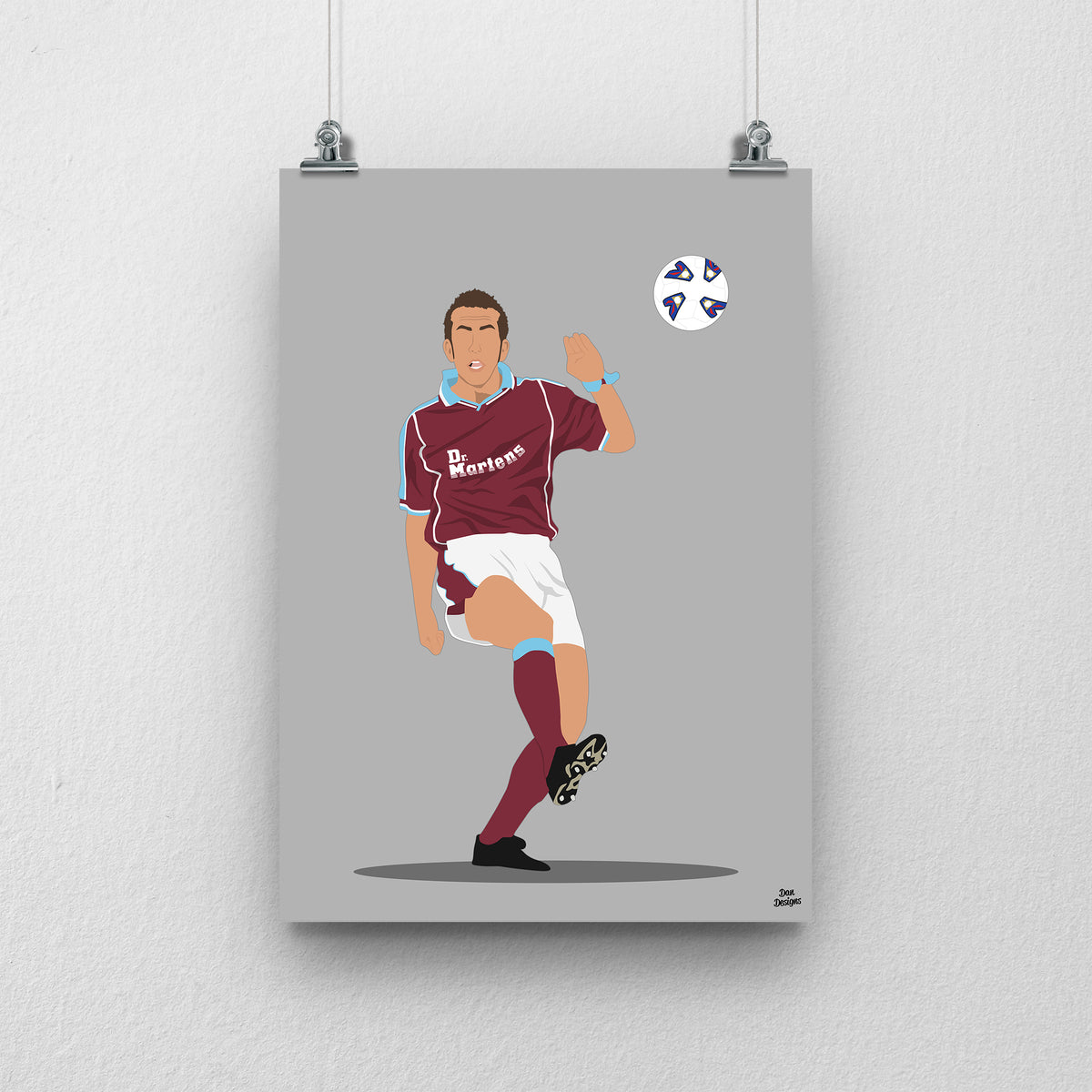 Paolo Di Canio West Ham United art print, preparing to strike his famous volley, with the ball beside him and one leg raised in the claret-and-blue kit, with a grey background.