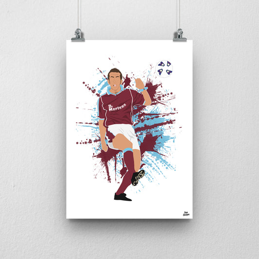 Paolo Di Canio West Ham United art print, preparing to strike his famous volley, with the ball beside him and one leg raised in the claret-and-blue kit, with a paint-splatter background.