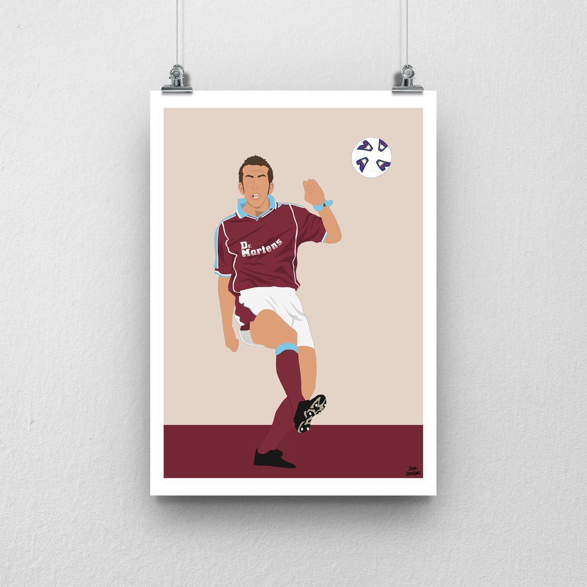 Paolo Di Canio West Ham United art print, preparing to strike his famous volley, with the ball beside him and one leg raised in the claret-and-blue kit, with a beige background, white border and club-colour base.