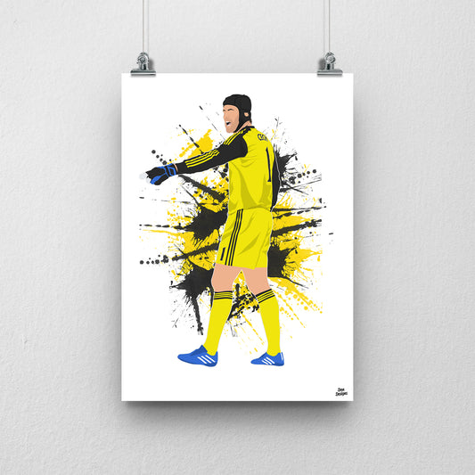 Petr Čech Chelsea art print, pointing across the pitch in a yellow goalkeeper kit, gloves and black protective headgear, with a paint-splatter background.