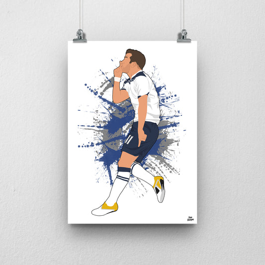 Rafael van der Vaart Tottenham art print, walking with a hand raised towards his mouth in a white Tottenham shirt and navy shorts, with a paint-splatter background.