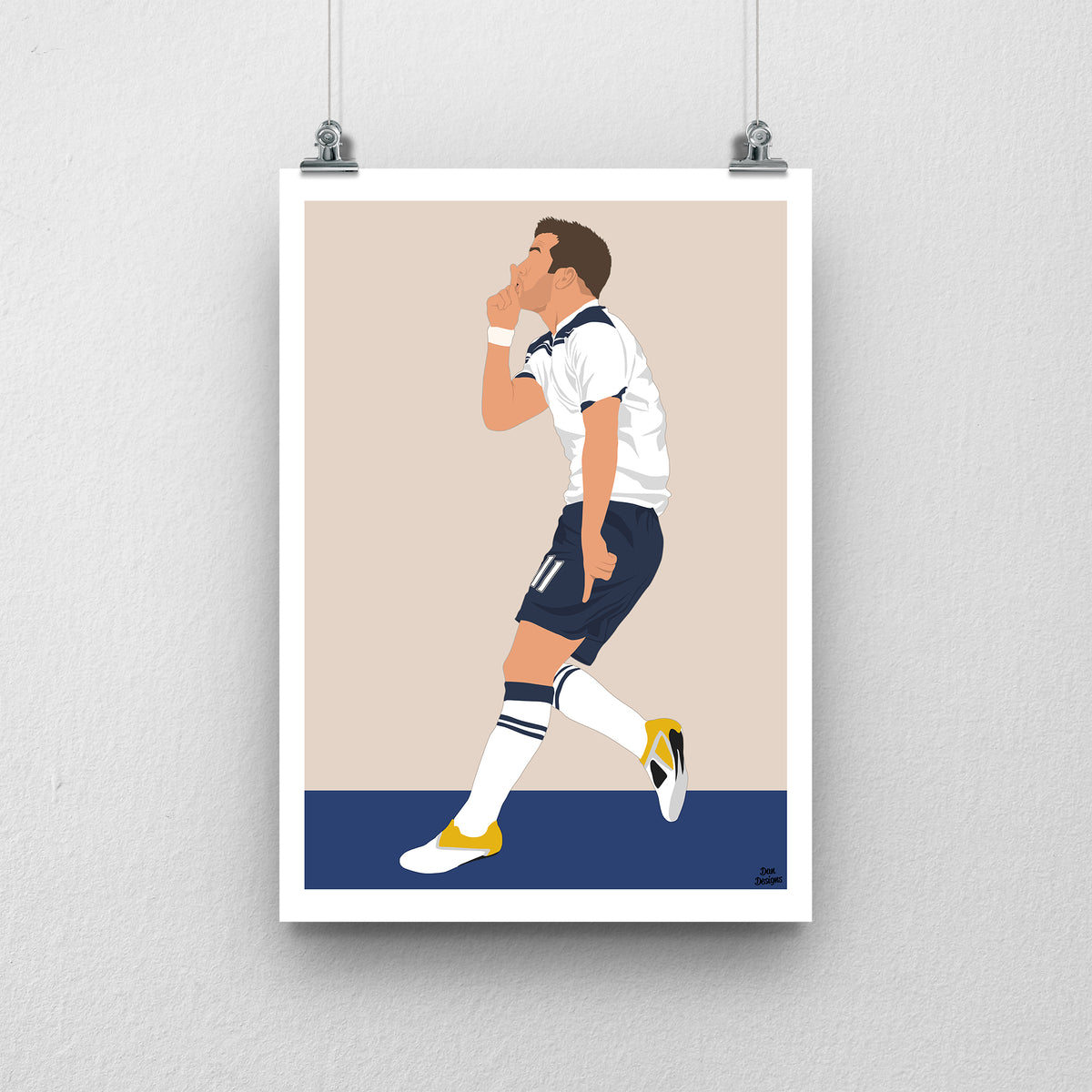 Rafael van der Vaart Tottenham art print, walking with a hand raised towards his mouth in a white Tottenham shirt and navy shorts, with a beige background, white border and club-colour base.