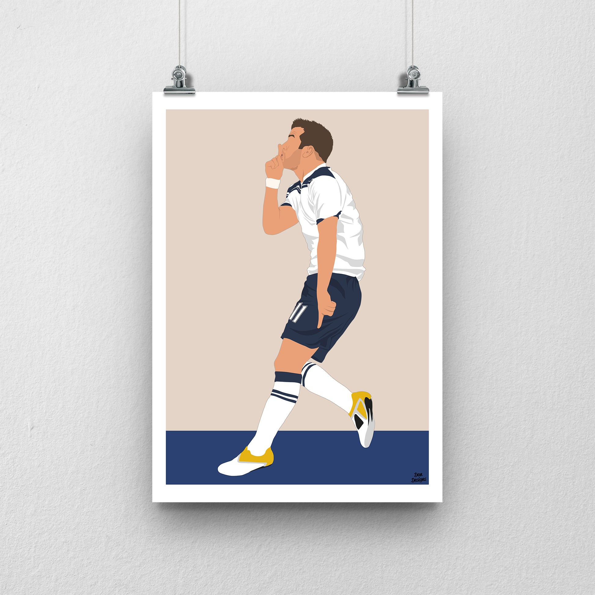 Rafael van der Vaart Tottenham art print, walking with a hand raised towards his mouth in a white Tottenham shirt and navy shorts, with a beige background, white border and club-colour base.
