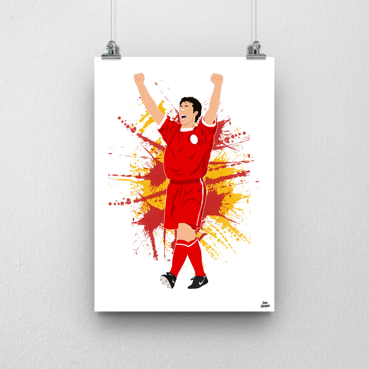Robbie Fowler Liverpool print, celebrating with both arms raised in the red Liverpool kit, on a red and yellow paint-splatter background.
