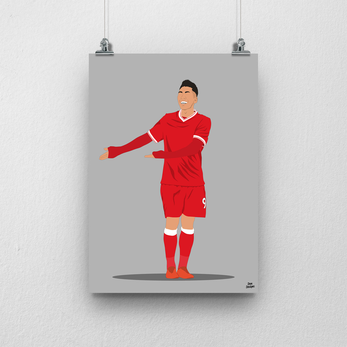 Roberto Firmino Liverpool print, smiling during a goal celebration in the red Liverpool kit, on a grey background.