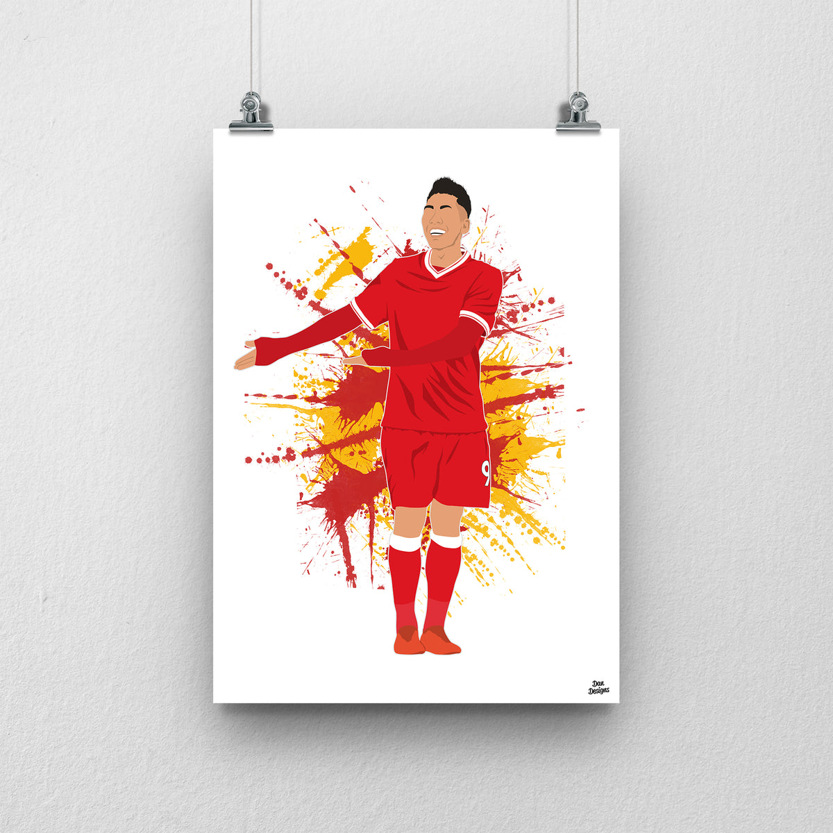 Roberto Firmino Liverpool print, smiling during a goal celebration in the red Liverpool kit, on a red and yellow paint-splatter background.