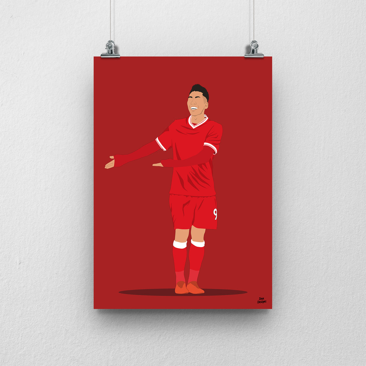 Roberto Firmino Liverpool print, smiling during a goal celebration in the red Liverpool kit, on a red background.
