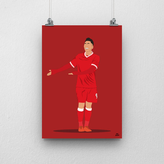 Roberto Firmino Liverpool print, smiling during a goal celebration in the red Liverpool kit, on a red background.