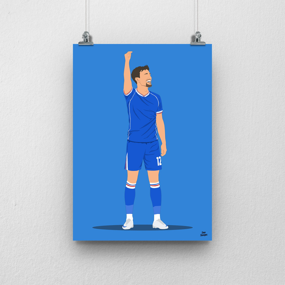 Ryan Galvin Carlisle United print showing his imaginary red card celebration against Harrogate, blue background